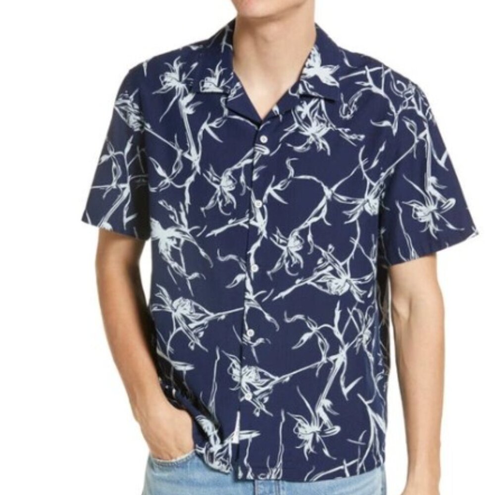 rag & bone Men’s Avery Floral Short Sleeve Cotton Button-up Camp Shirt Blue XL